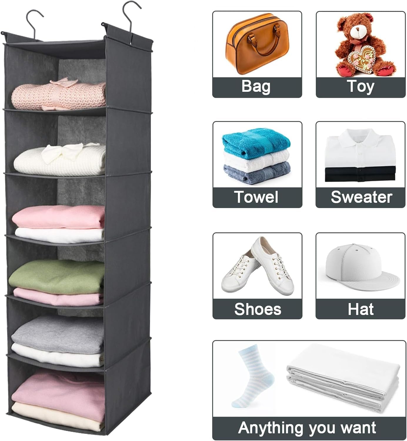 6-Tier Foldable Closet Organizer with 2 Sturdy Hooks - Stylish Grey Hanging Shelf for Efficient Storage