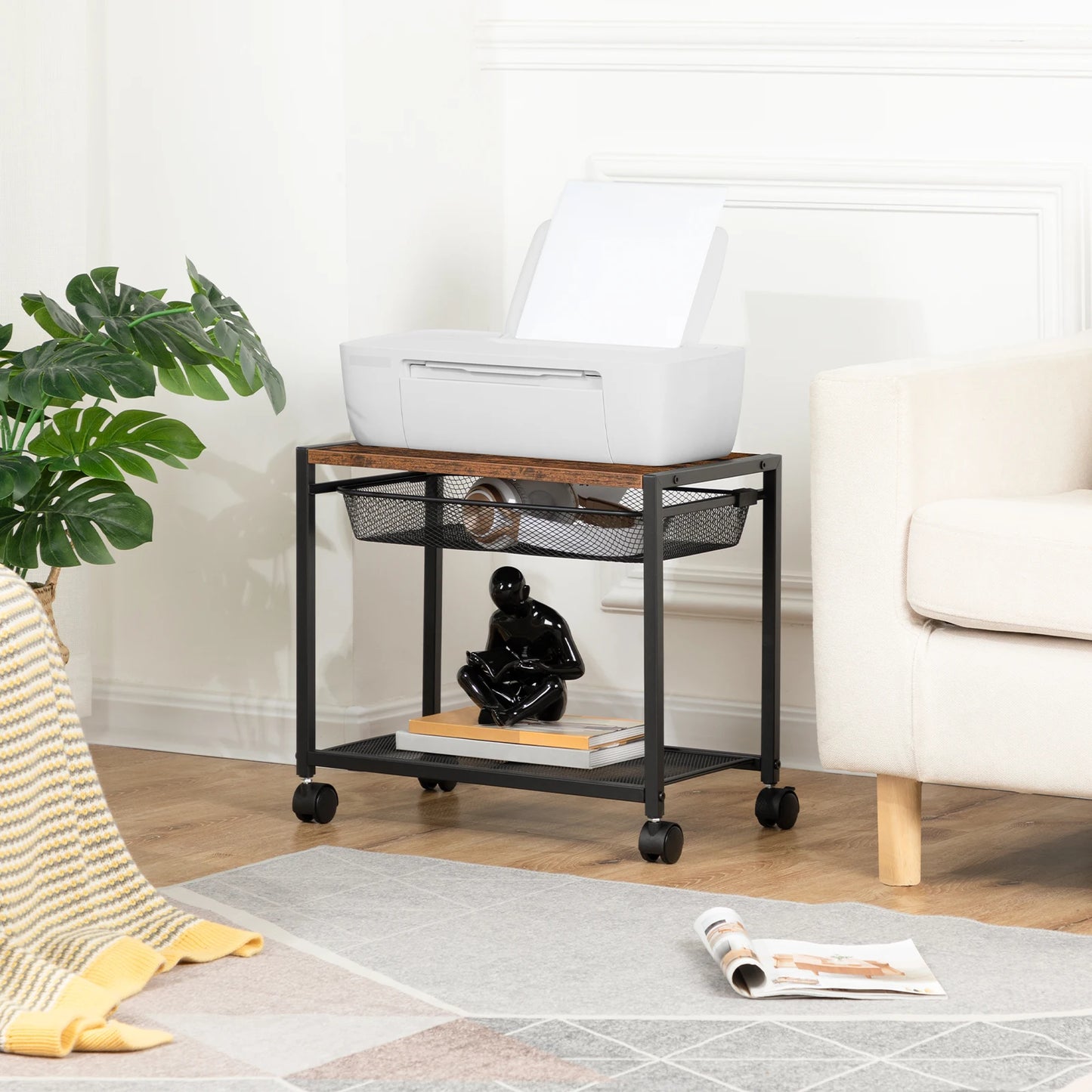 Under Desk Printer Stand Printer Cart with Storage Shelf 2-Tier Mobile Printer Table on Wheels Heavy Duty Machine Storage Rack