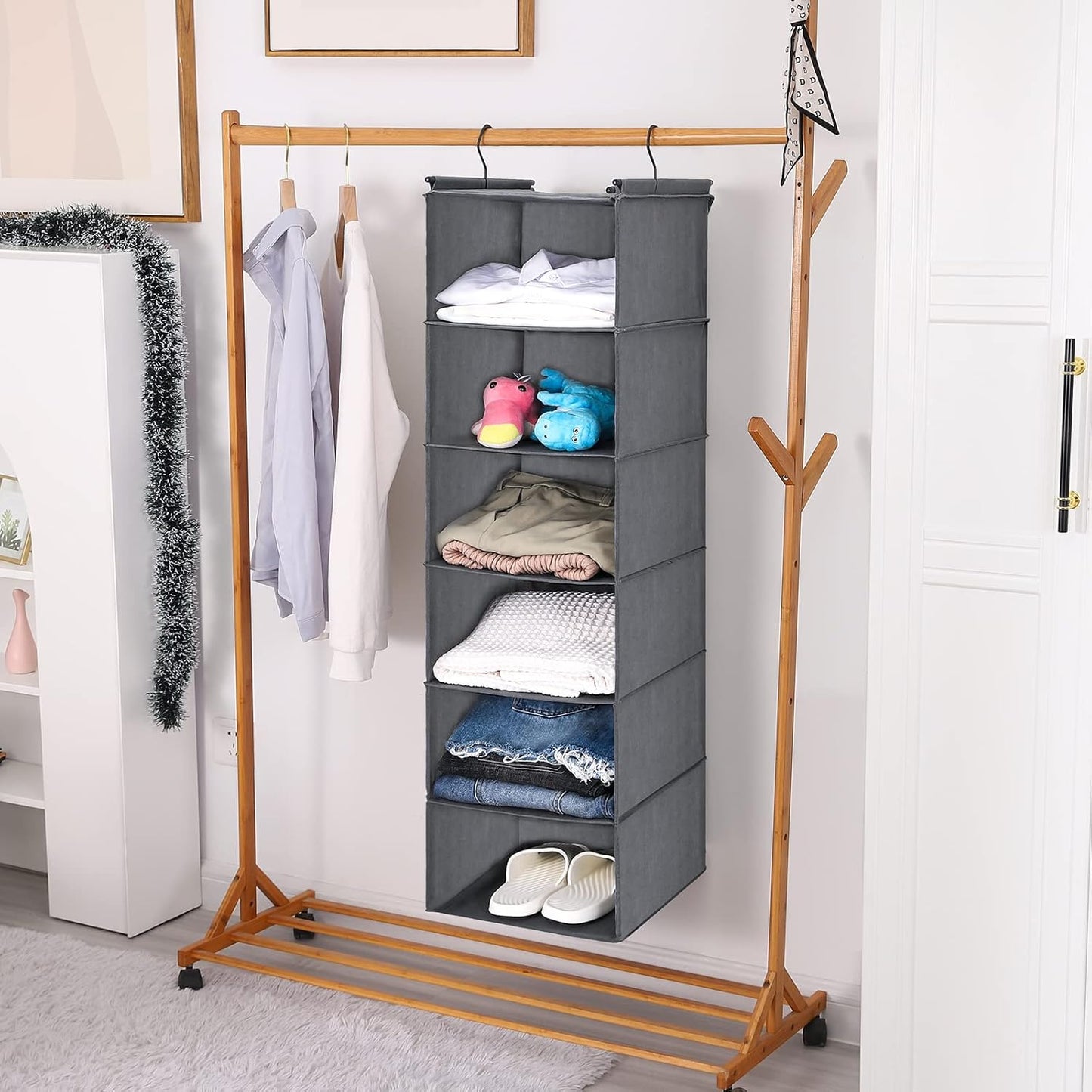 6-Tier Foldable Closet Organizer with 2 Sturdy Hooks - Stylish Grey Hanging Shelf for Efficient Storage