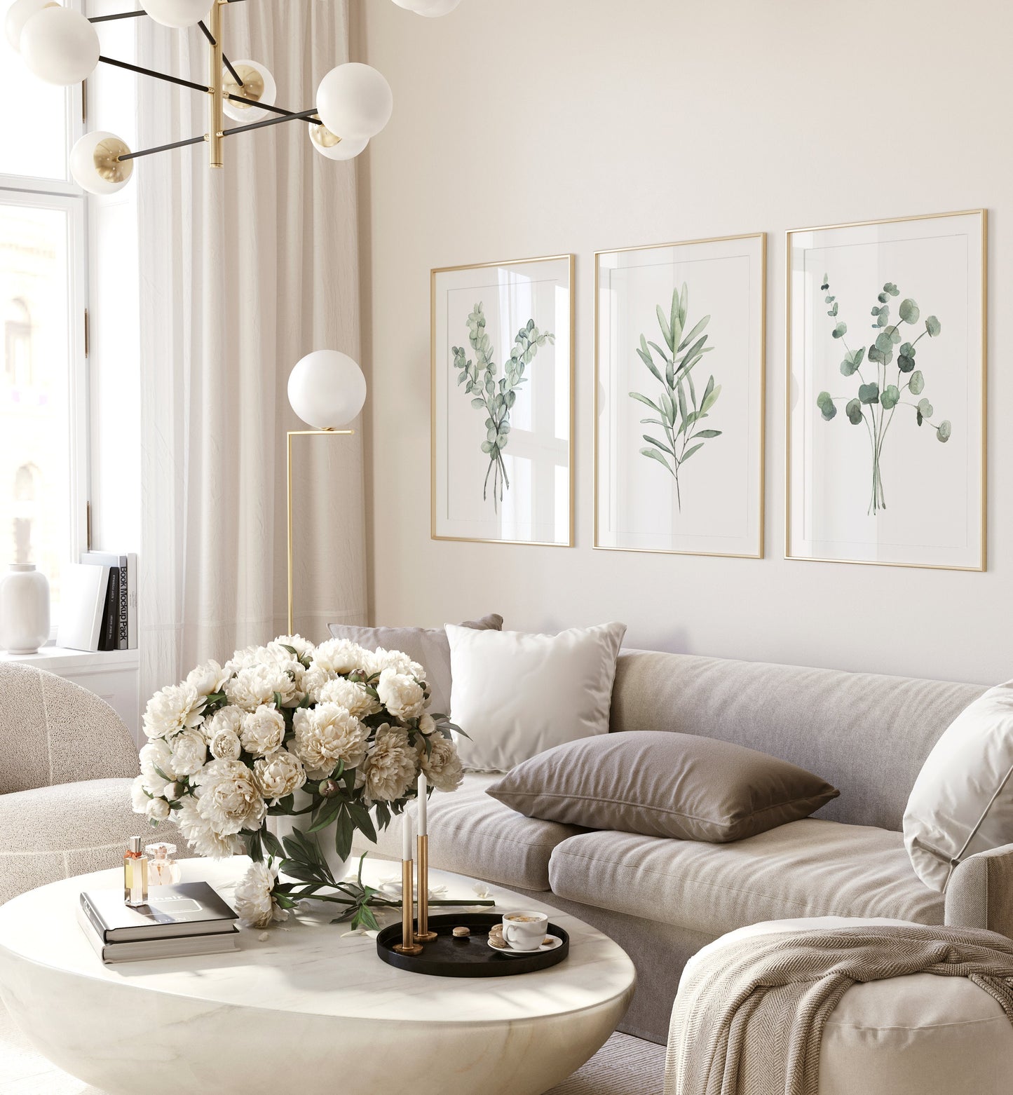 Minimalist Wall Decor, Light Green Eucalyptus & Olive Branch Painting, Set of 3 Prints