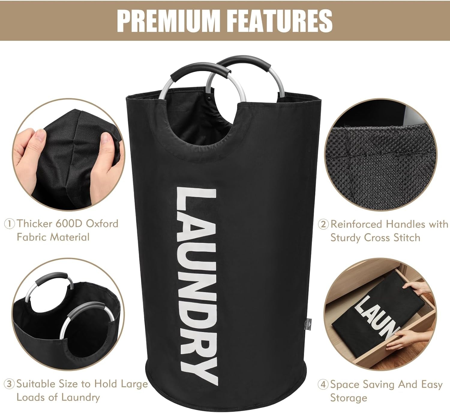 Spacious 90L Collapsible Laundry Basket - Stylish Black Freestanding Hamper for Easy Washing & Organization