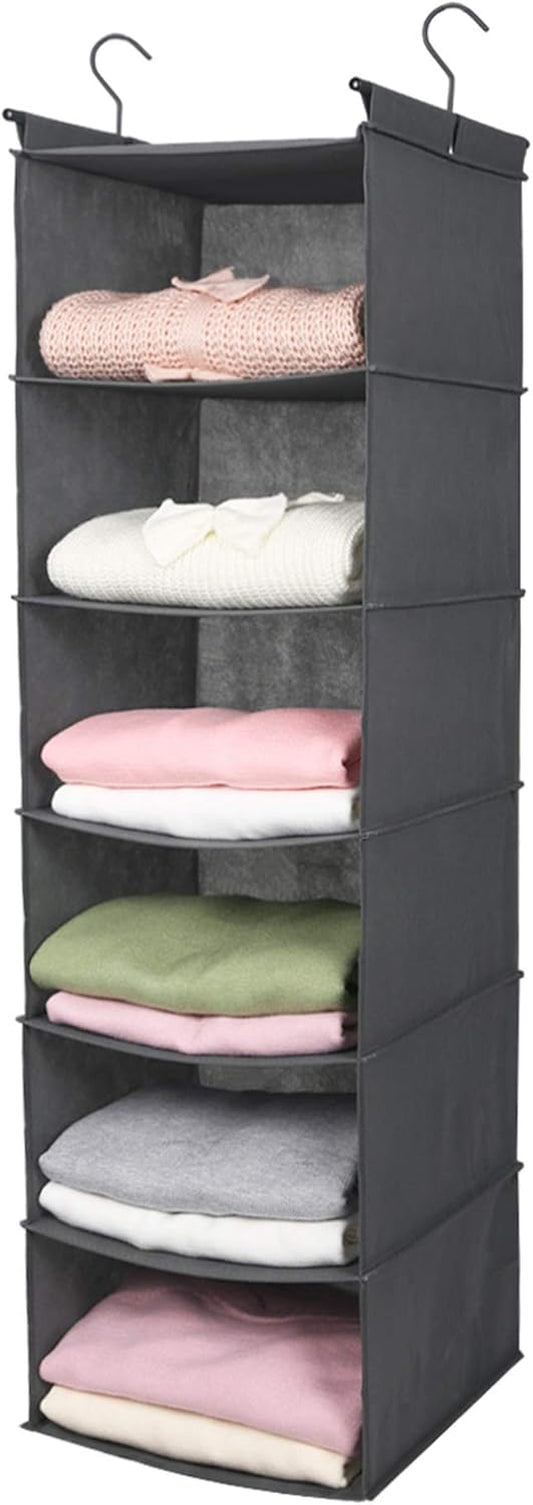 6-Tier Foldable Closet Organizer with 2 Sturdy Hooks - Stylish Grey Hanging Shelf for Efficient Storage
