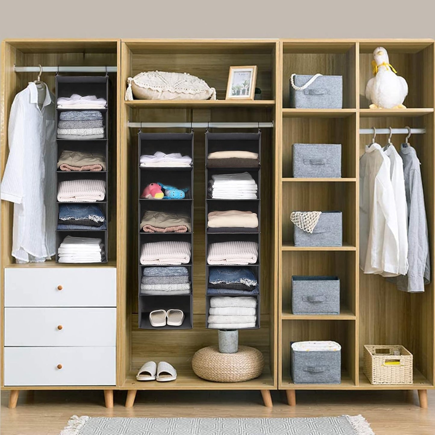 6-Tier Foldable Closet Organizer with 2 Sturdy Hooks - Stylish Grey Hanging Shelf for Efficient Storage