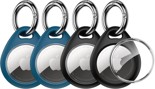 360° Protective Airtag Case - 4-Pack Keyring Holders, Scratch-Resistant Lock Design, TPU Full Cover for Keys, Bags, Luggage & Pet Collars (Black & Blue)