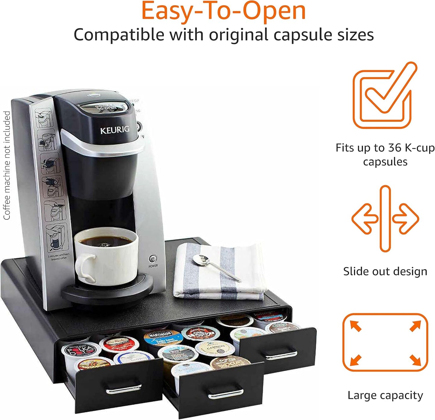 Sleek Black Coffee Pods Storage Drawer - Holds 36 K-Cup Pods!