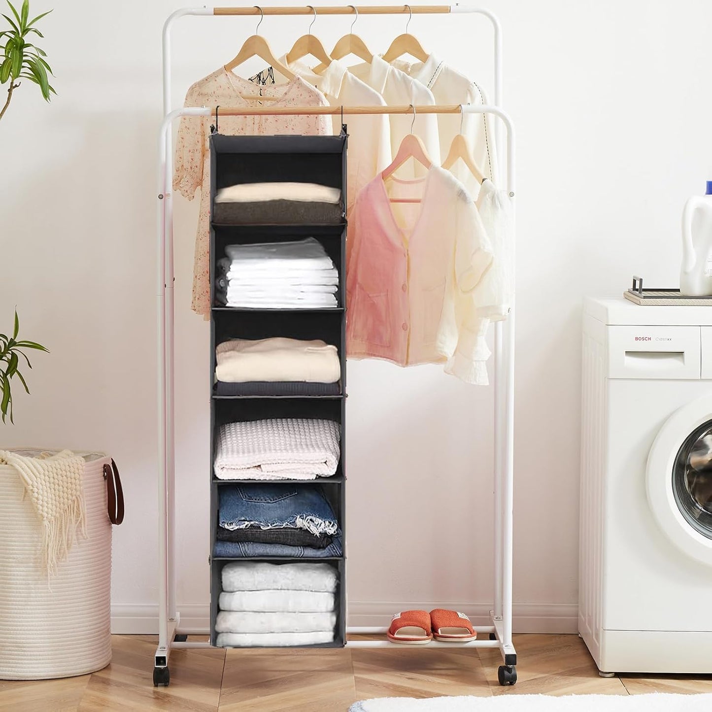 6-Tier Foldable Closet Organizer with 2 Sturdy Hooks - Stylish Grey Hanging Shelf for Efficient Storage