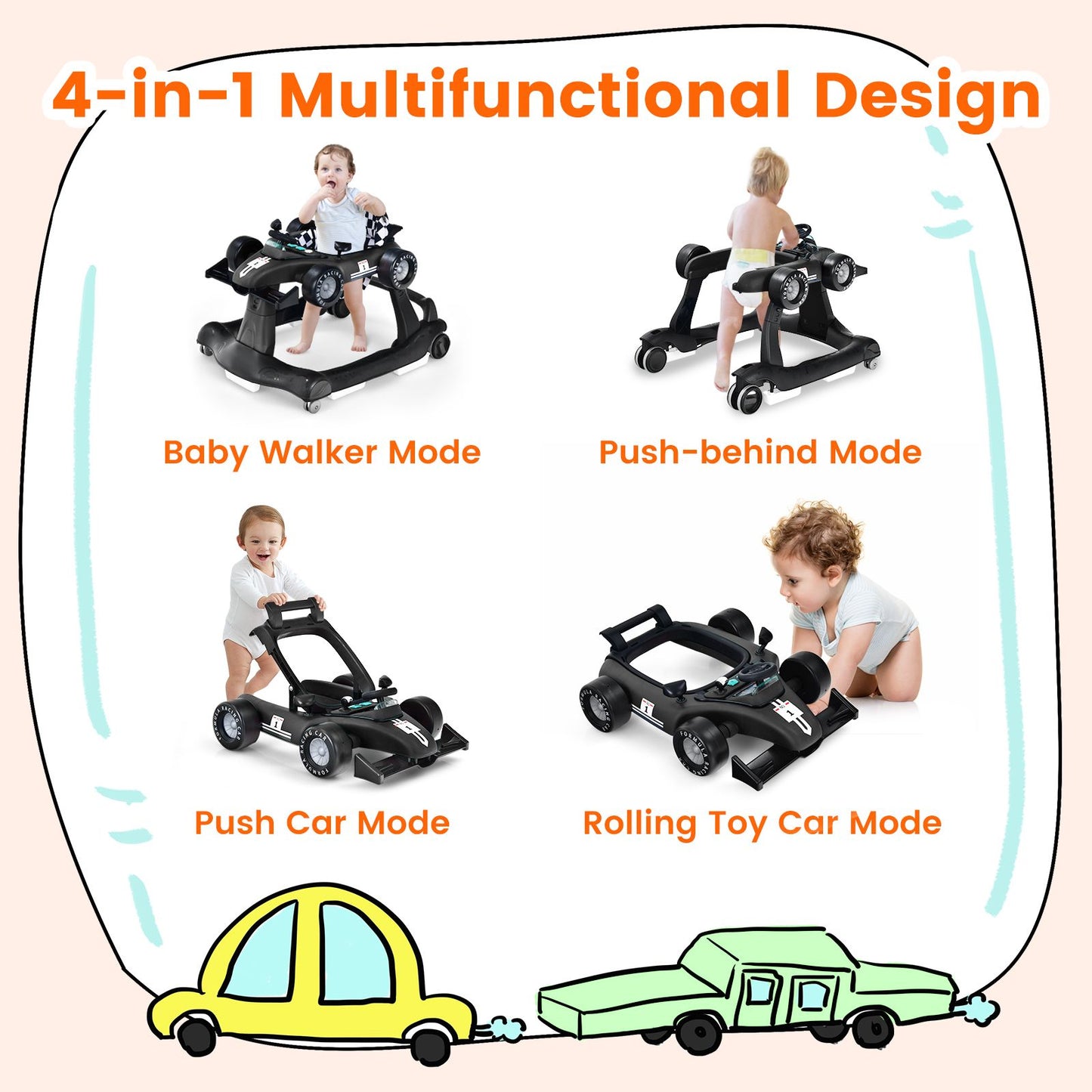 Versatile 4-in-1 Baby Push Walker - Adjustable Height & Speed for Growing Tots!