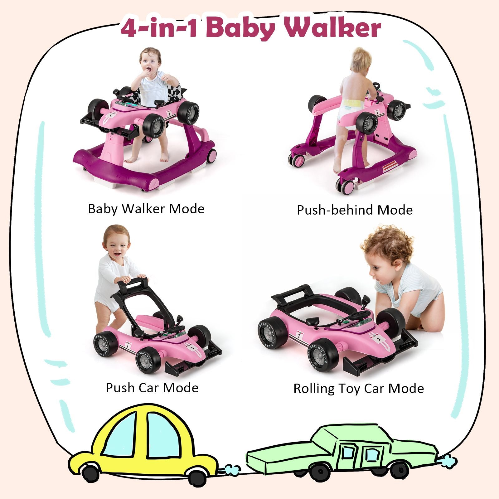 Versatile 4-in-1 Baby Push Walker - Adjustable Height & Speed for Growing Tots!