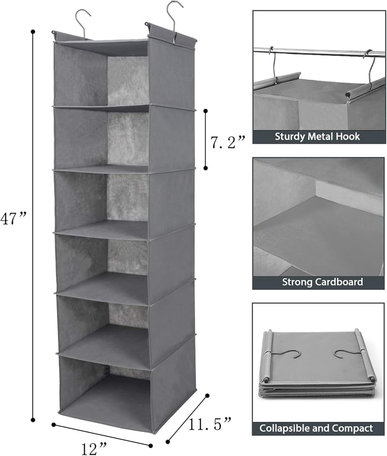 6-Tier Foldable Closet Organizer with 2 Sturdy Hooks - Stylish Grey Hanging Shelf for Efficient Storage