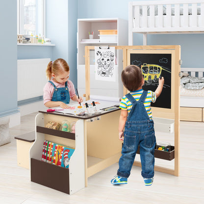 Kids Art Easel Table and Bench Set with Adjustable Easel and Bookshelf