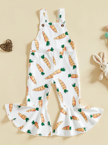 Adorable Baby Girls Easter Romper with Carrot Print Bell Bottom Flare Pants and Sleeveless Design for Toddler Girls