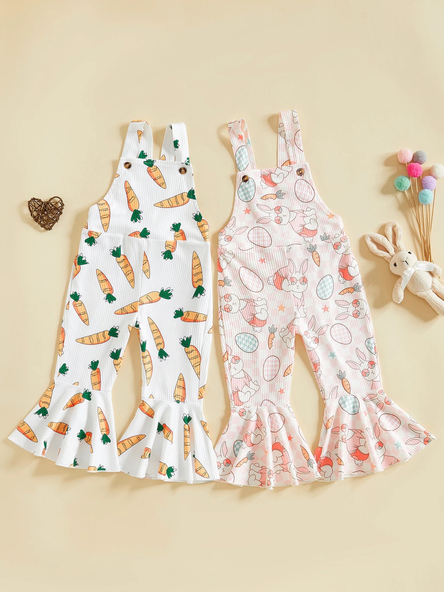 Adorable Baby Girls Easter Romper with Carrot Print Bell Bottom Flare Pants and Sleeveless Design for Toddler Girls