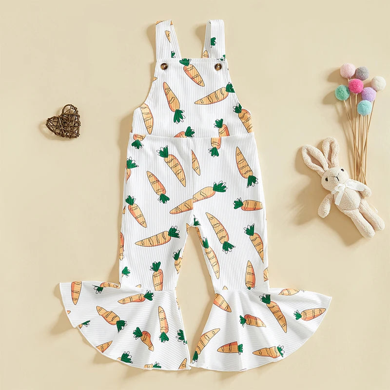 Adorable Baby Girls Easter Romper with Carrot Print Bell Bottom Flare Pants and Sleeveless Design for Toddler Girls