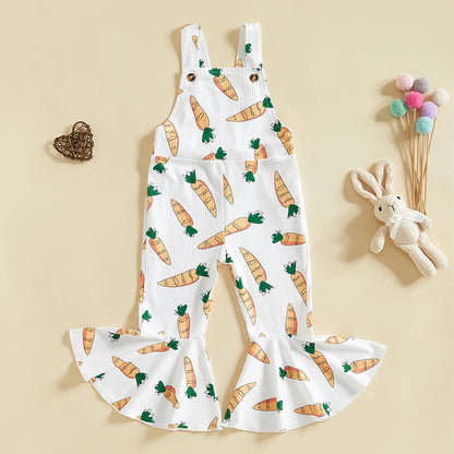 Adorable Baby Girls Easter Romper with Carrot Print Bell Bottom Flare Pants and Sleeveless Design for Toddler Girls