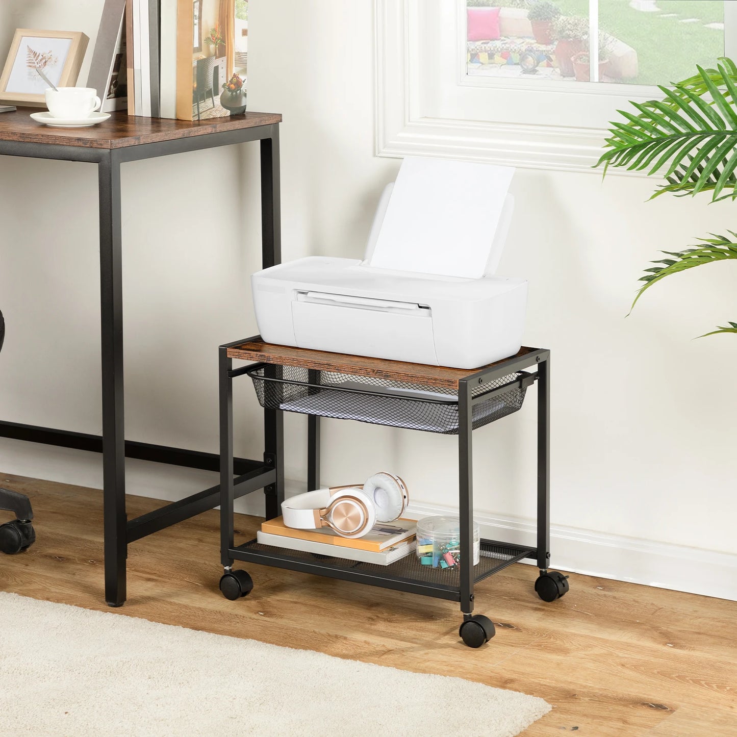 Under Desk Printer Stand Printer Cart with Storage Shelf 2-Tier Mobile Printer Table on Wheels Heavy Duty Machine Storage Rack