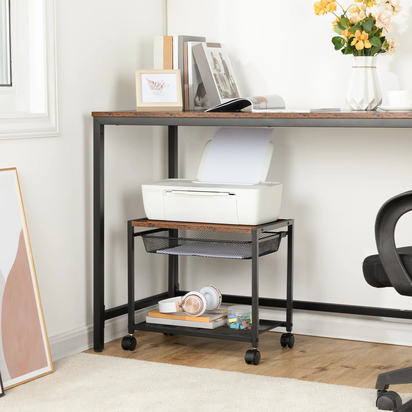 Under Desk Printer Stand Printer Cart with Storage Shelf 2-Tier Mobile Printer Table on Wheels Heavy Duty Machine Storage Rack