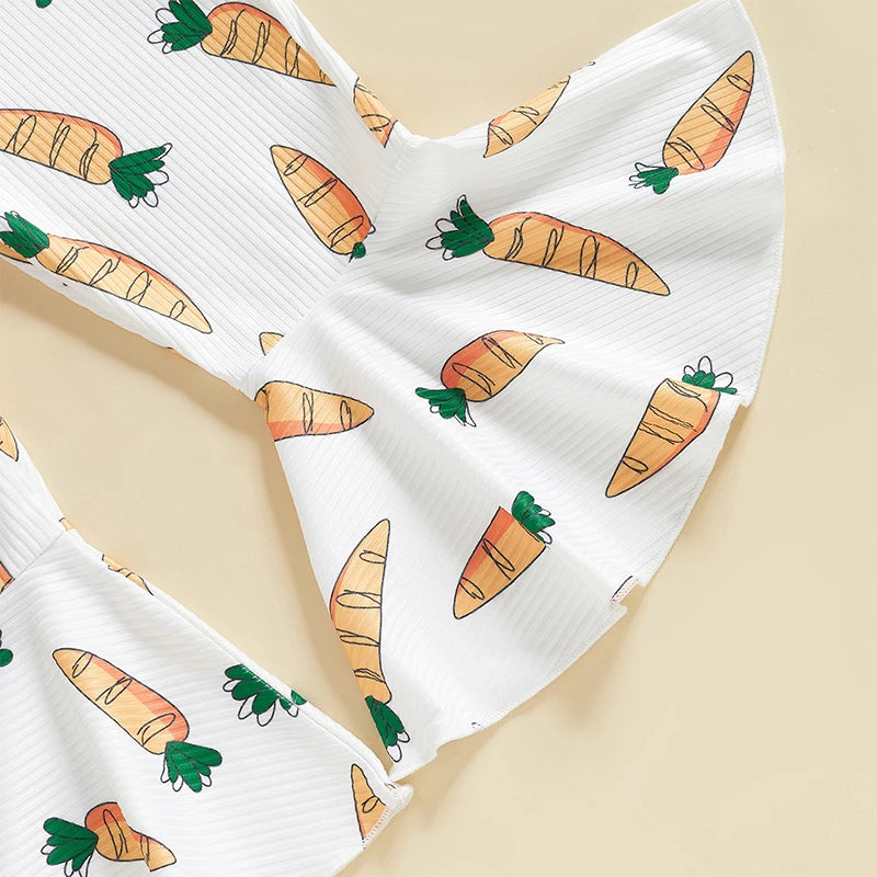 Adorable Baby Girls Easter Romper with Carrot Print Bell Bottom Flare Pants and Sleeveless Design for Toddler Girls