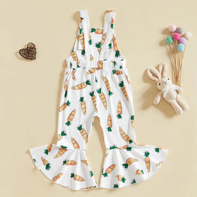 Adorable Baby Girls Easter Romper with Carrot Print Bell Bottom Flare Pants and Sleeveless Design for Toddler Girls