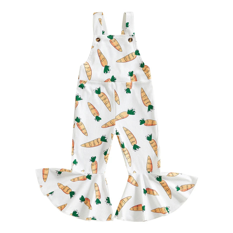 Adorable Baby Girls Easter Romper with Carrot Print Bell Bottom Flare Pants and Sleeveless Design for Toddler Girls