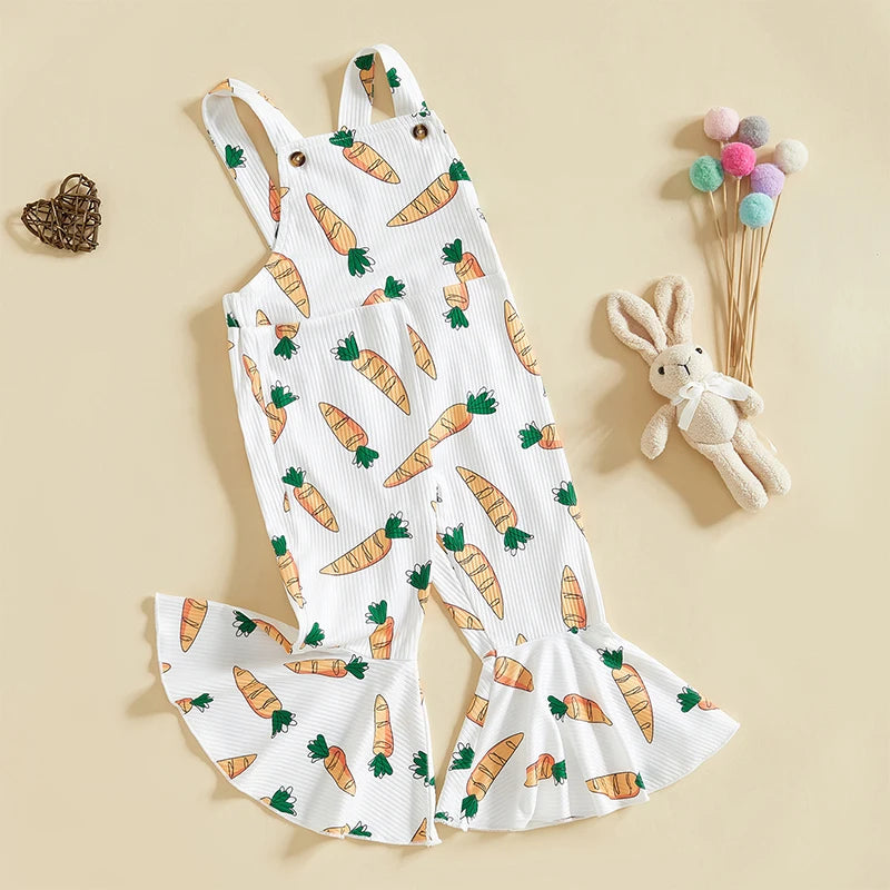Adorable Baby Girls Easter Romper with Carrot Print Bell Bottom Flare Pants and Sleeveless Design for Toddler Girls