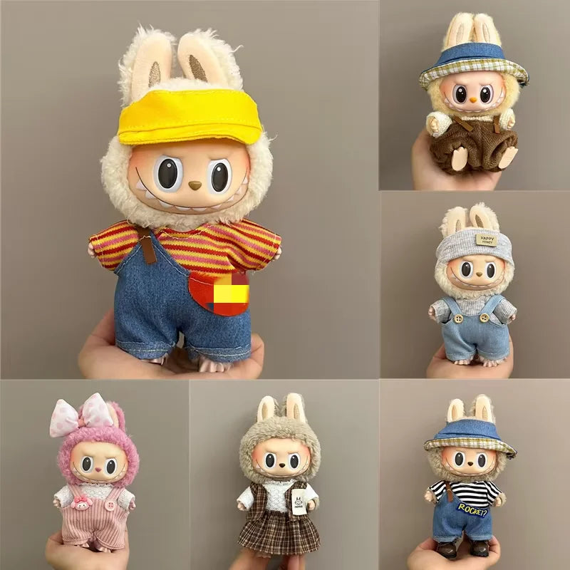 17cm Labubu Plush Doll Clothes Set Hairband T-shirt Pants Bag