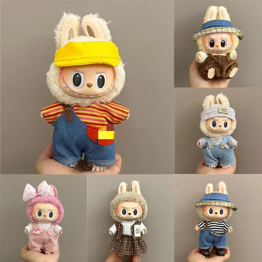 17cm Labubu Plush Doll Clothes Set Hairband T-shirt Pants Bag