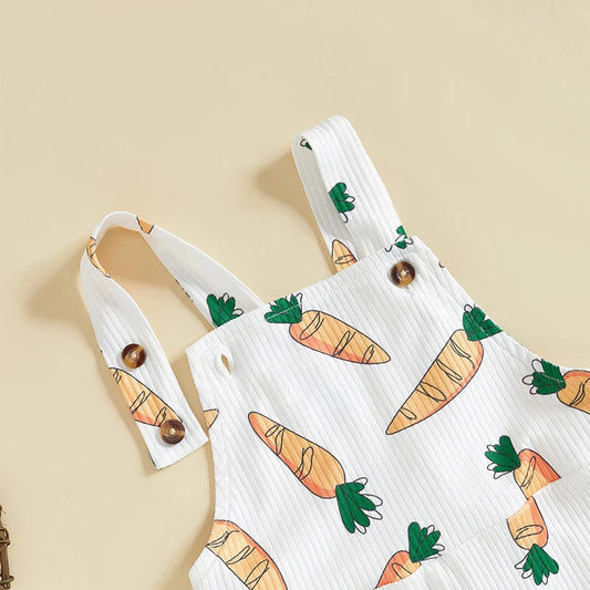 Adorable Baby Girls Easter Romper with Carrot Print Bell Bottom Flare Pants and Sleeveless Design for Toddler Girls