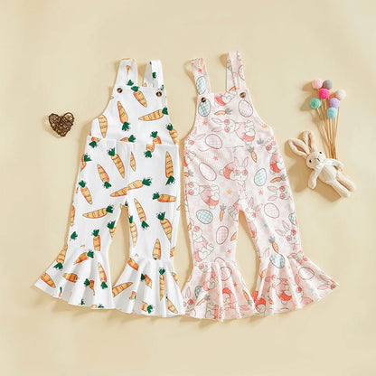 Adorable Baby Girls Easter Romper with Carrot Print Bell Bottom Flare Pants and Sleeveless Design for Toddler Girls