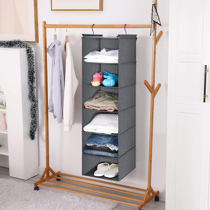 6-Tier Foldable Closet Organizer with 2 Sturdy Hooks - Stylish Grey Hanging Shelf for Efficient Storage