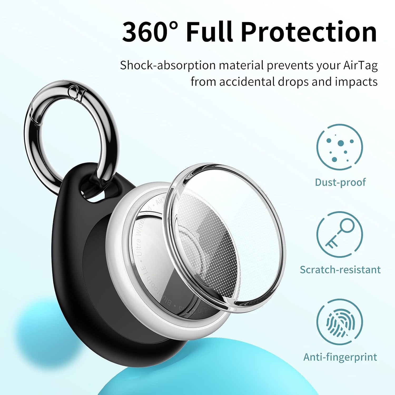 360° Protective Airtag Case - 4-Pack Keyring Holders, Scratch-Resistant Lock Design, TPU Full Cover for Keys, Bags, Luggage & Pet Collars (Black & Blue)