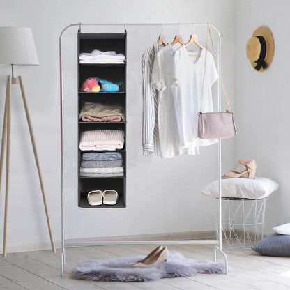 6-Tier Foldable Closet Organizer with 2 Sturdy Hooks - Stylish Grey Hanging Shelf for Efficient Storage