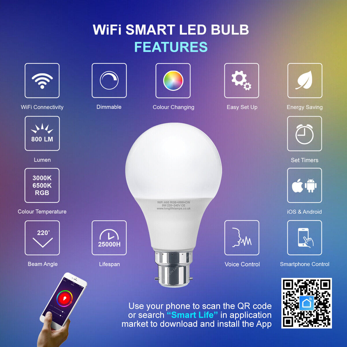 Smart WiFi RGB LED Light Bulb - Compatible with iOS, Android, Alexa & Google Home