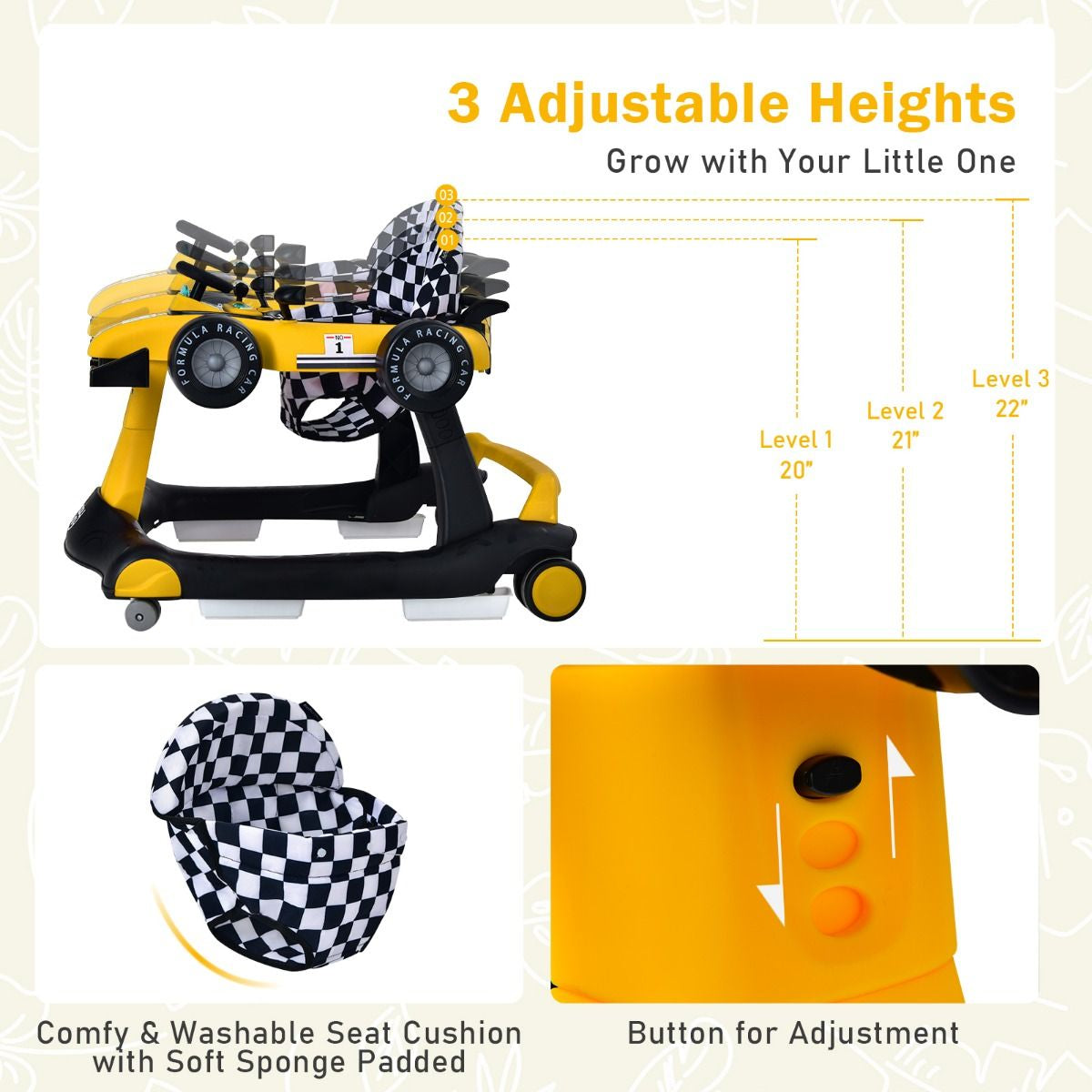 Versatile 4-in-1 Baby Push Walker - Adjustable Height & Speed for Growing Tots!
