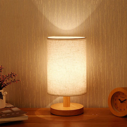 USB Bedside Lamp Night Lights Table Lamp for Bedroom Wooden Desk Lamp Bedside Night Light with Cylinder Lamp Shade Home Decor