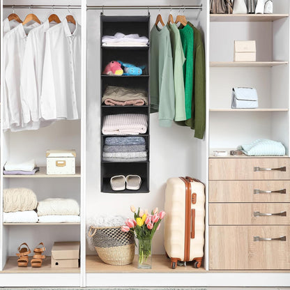 6-Tier Foldable Closet Organizer with 2 Sturdy Hooks - Stylish Grey Hanging Shelf for Efficient Storage