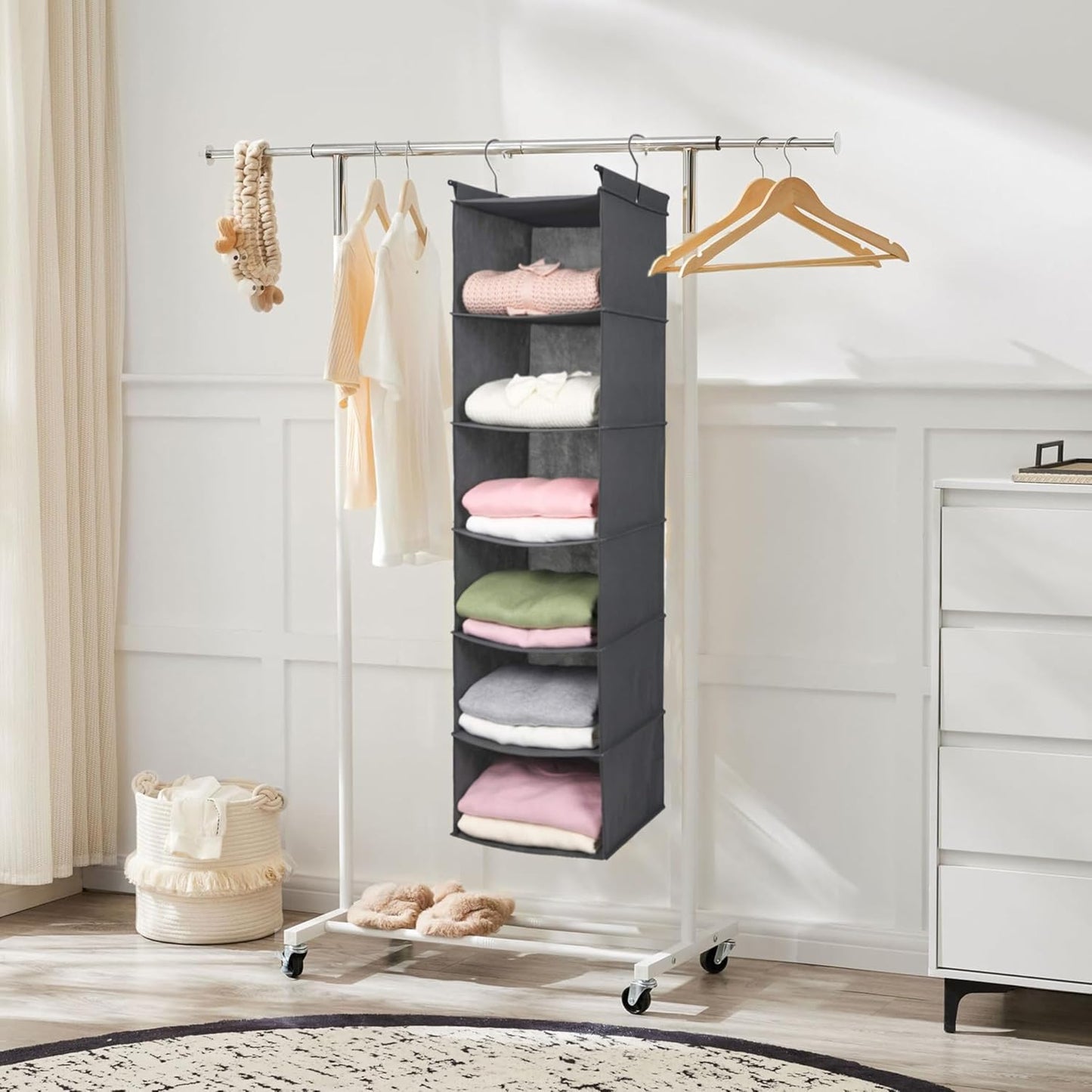 6-Tier Foldable Closet Organizer with 2 Sturdy Hooks - Stylish Grey Hanging Shelf for Efficient Storage