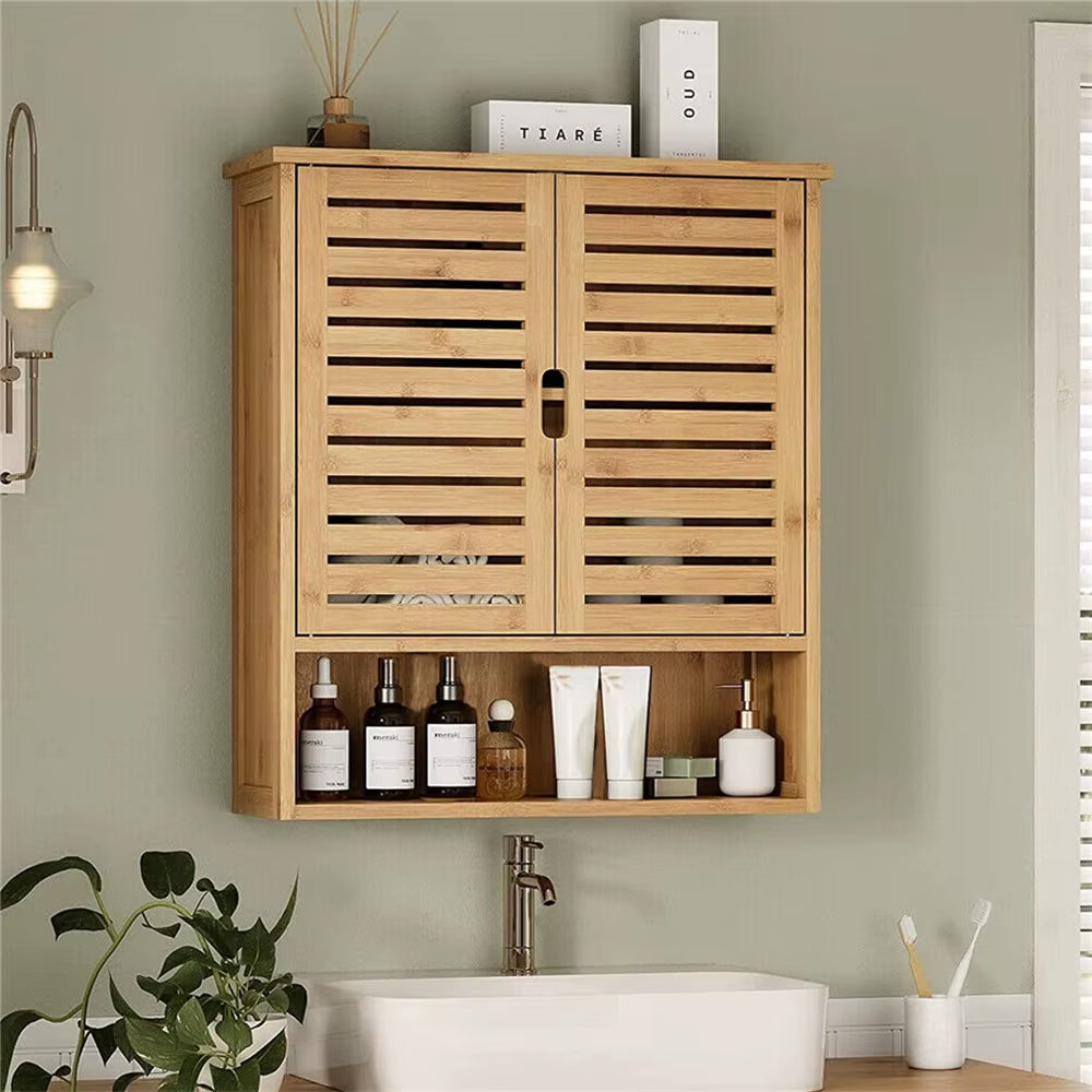 Natural Bamboo Bathroom Cabinet Wall Mounted Kitchen Cabinet Cupboard Storage Organizer 3 Tier Shelf