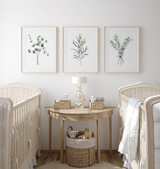 Minimalist Wall Decor, Light Green Eucalyptus & Olive Branch Painting, Set of 3 Prints