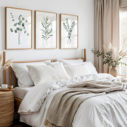 Minimalist Wall Decor, Light Green Eucalyptus & Olive Branch Painting, Set of 3 Prints