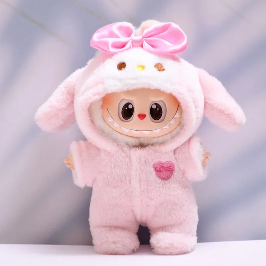 Plush toy in a pink bunny costume with a bow on a light gray background